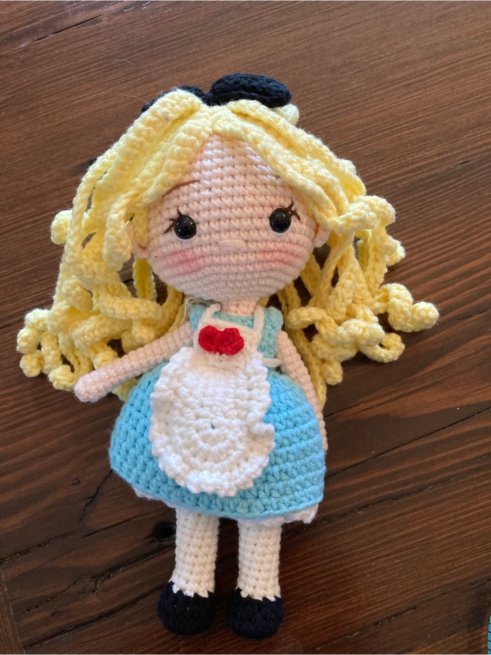 Handmade Crochet Blonde Alice in Wonderland Doll with Blue Dress and White Apron